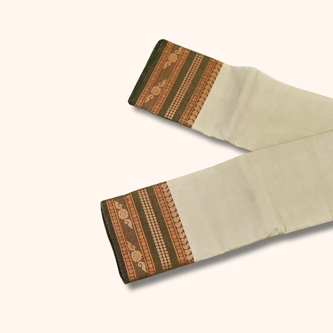Cream Chettinad Cotton Saree with Olive Green Temple Border