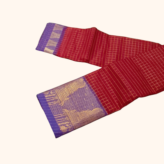 Classic Red Chettinad Cotton Saree with Royal Purple Temple Border