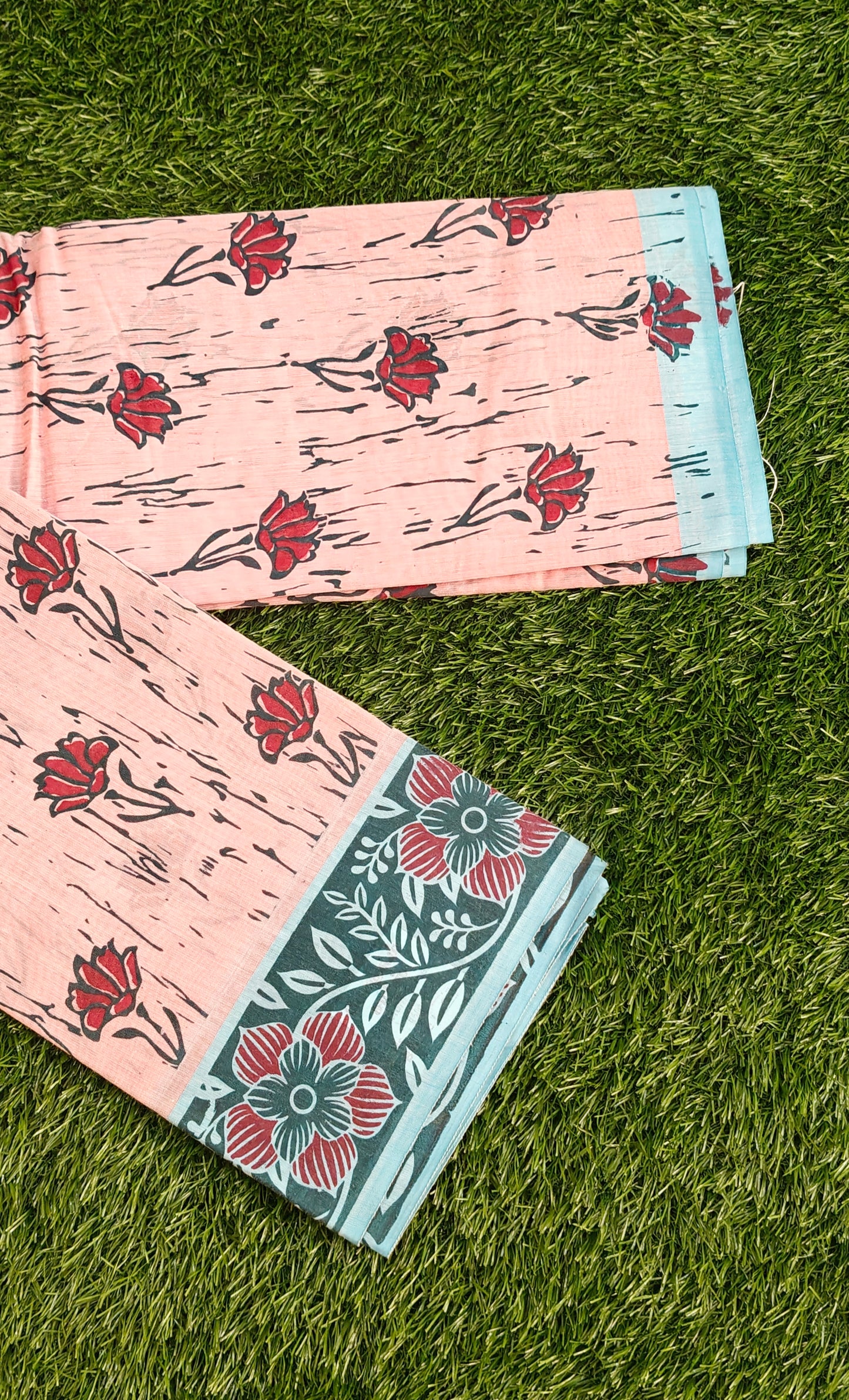 South Indian Pure Cotton Saree with Floral Block Print – Peach Pink Shade