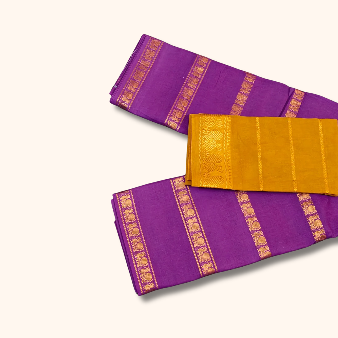 Royal Purple Cotton Saree with Gold Zari Border & Mustard Yellow Separate Blouse