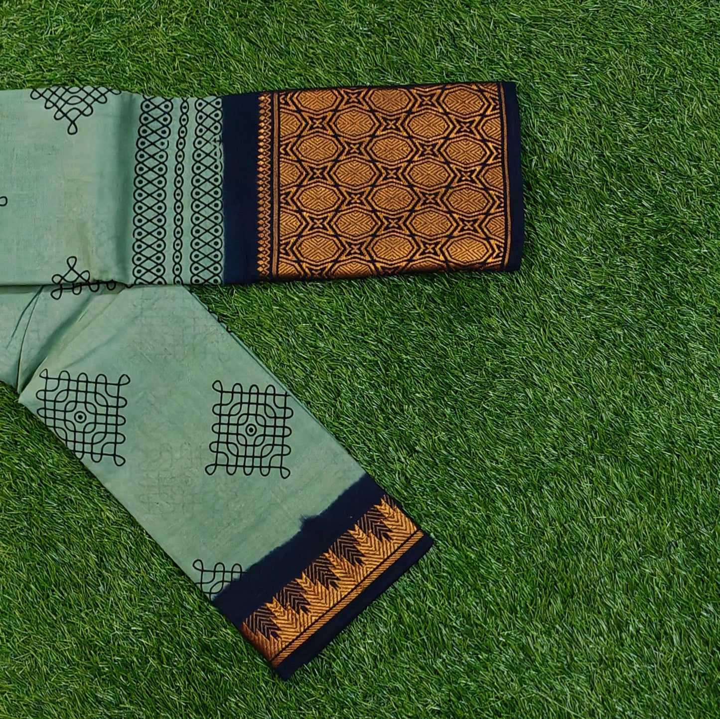 Mint Green Printed Cotton Saree with Navy Blue Designer Border