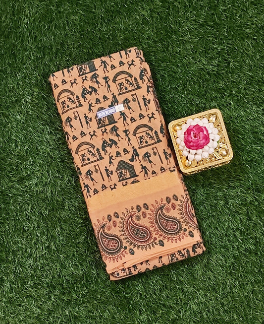 Earthy Brown Kalamkari Cotton Saree with Tribal Motifs
