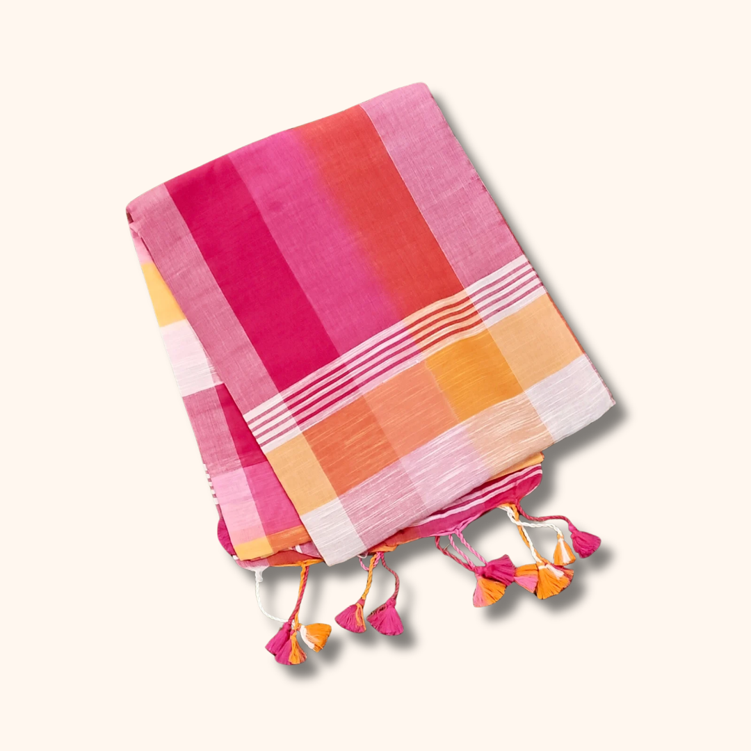 Mulmul Cotton Checks Saree in Pink & Peach