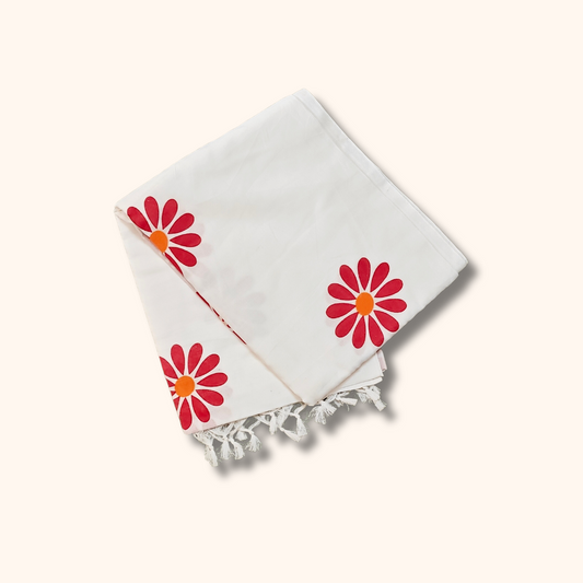 Mulmul Cotton Saree in Elegant White with Daisy Floral Print & Tassel Pallu