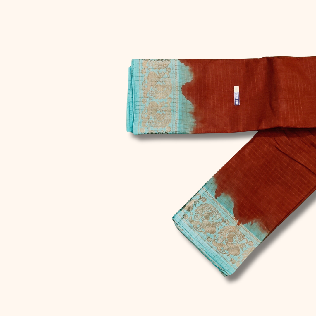 Rust Brown Thread Work Sungudi Cotton Saree with Aqua Blue Border