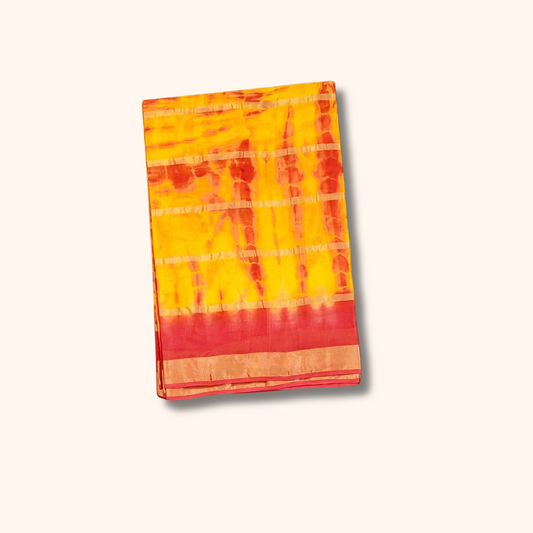 Mustard Yellow & Red Tie-Dye Cotton Saree with Gold Border – Separate Blouse