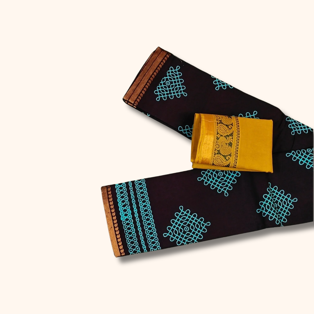 Coffee Brown Sungudi Cotton Saree with Blue Kolam Motifs – Separate Blouse Piece