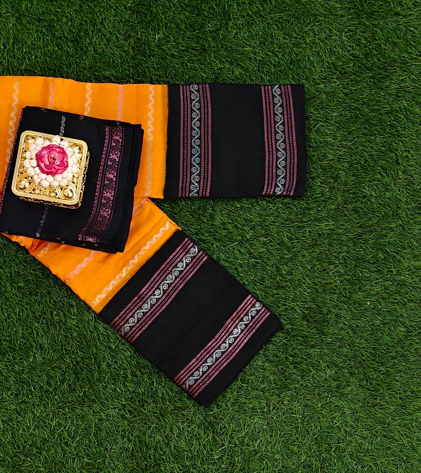 Orange Cotton Saree with Separate Black Blouse Sungudi saree