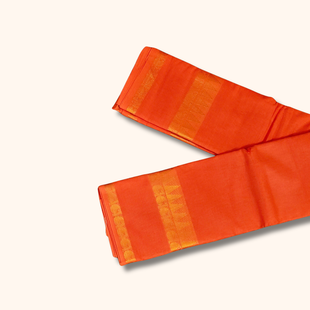 Orange Cotton Saree with Gold Zari Stripes & Traditional Border – Running Blouse Included