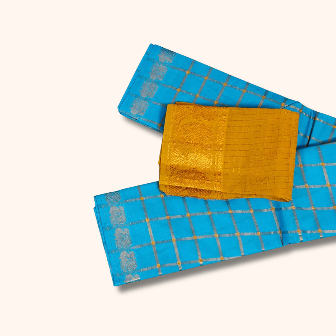 Sky Blue Checked Sungudi Saree with Golden Zari Border โ Separate Blouse Piece