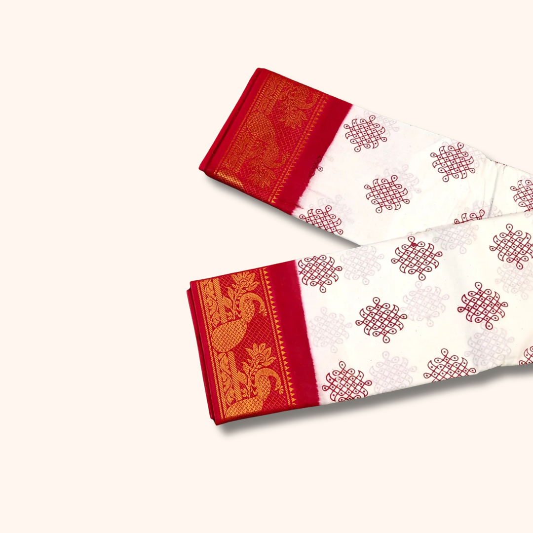 Off White Sungudi Cotton Saree with Red Temple Border