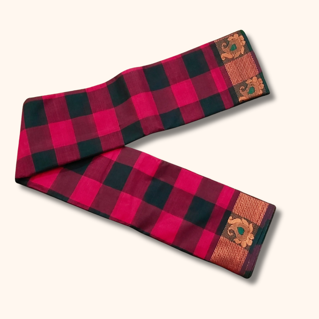 Pink & Dark Green Checked Chettinad Cotton Saree