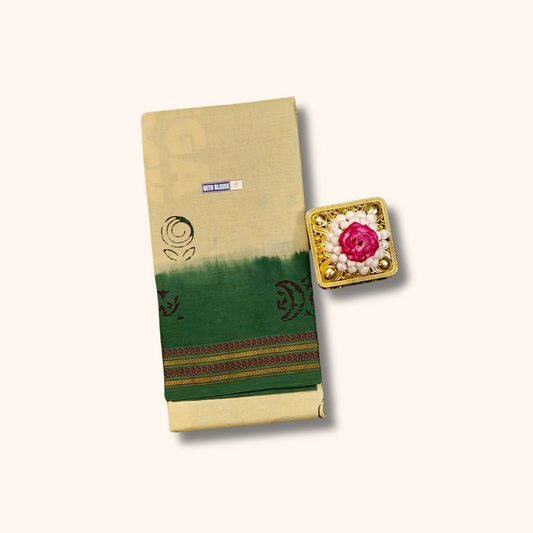 Beige Sungudi Cotton Saree with Green Border & Running Blouse
