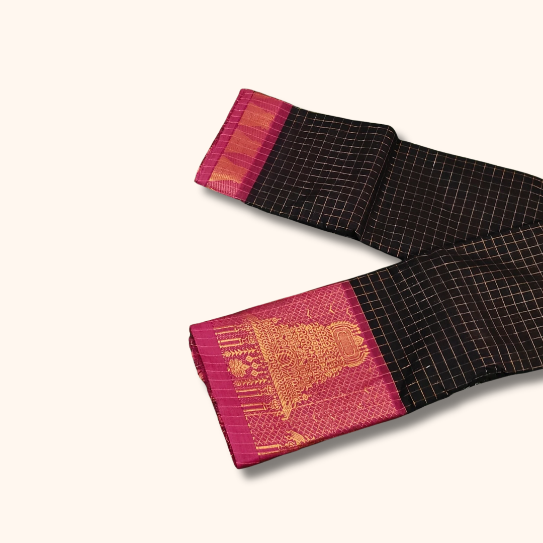 Black Chettinad Cotton Saree with Temple Border
