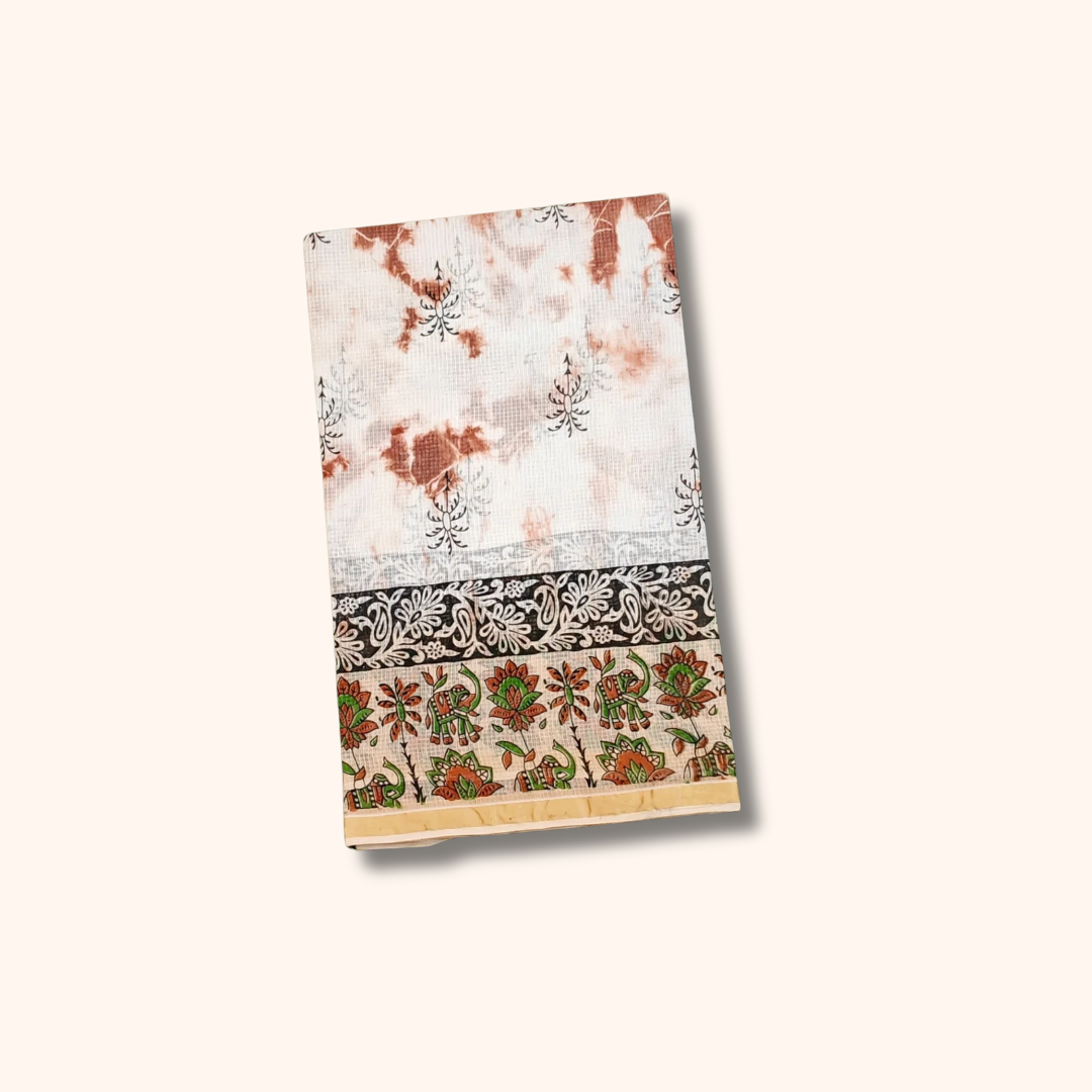 Cream & Brown Kalamkari Cotton Saree with Floral & Traditional Border – Separate Blouse