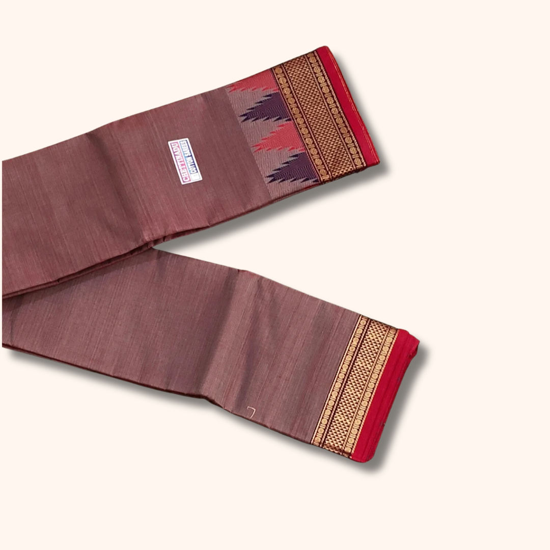 Classic Grey Chettinad Cotton Saree with Traditional Temple Design