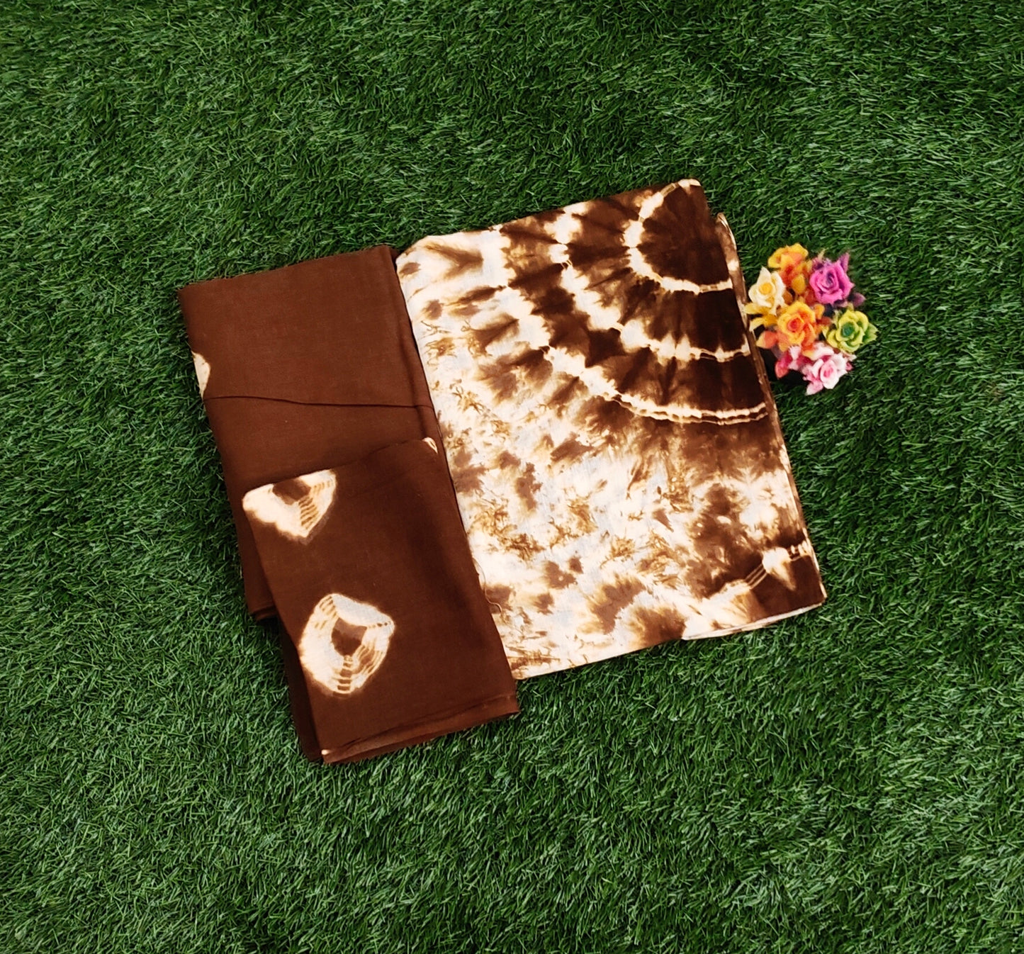 Elegant Chocolate Brown Sungudi Cotton Chudidar Material Set with Tie-Dye Design