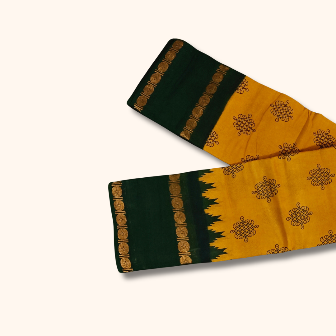Mustard Yellow Cotton Saree with Dark Green Temple Border – Running Blouse