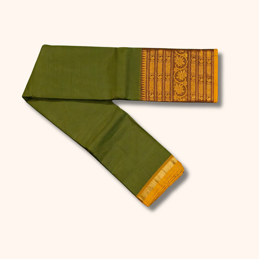 Olive Green Chettinad Cotton Saree with Rich Gold Zari Border