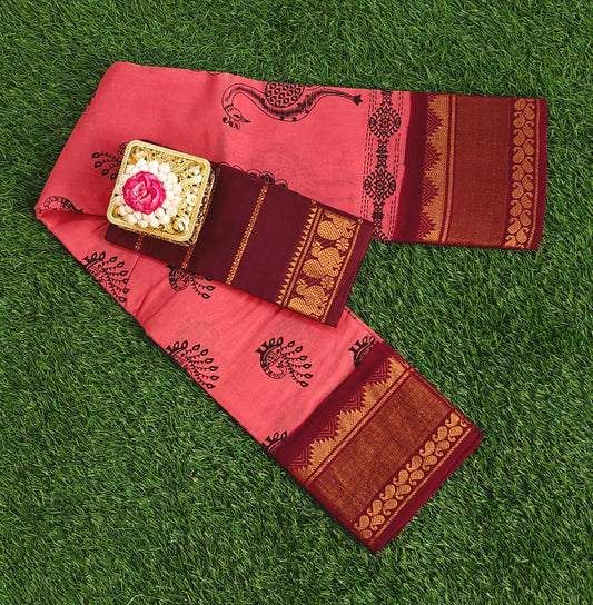 Maroon & Rose Pink Sungudi Cotton Saree with Traditional Printed Body and Contrast Border
