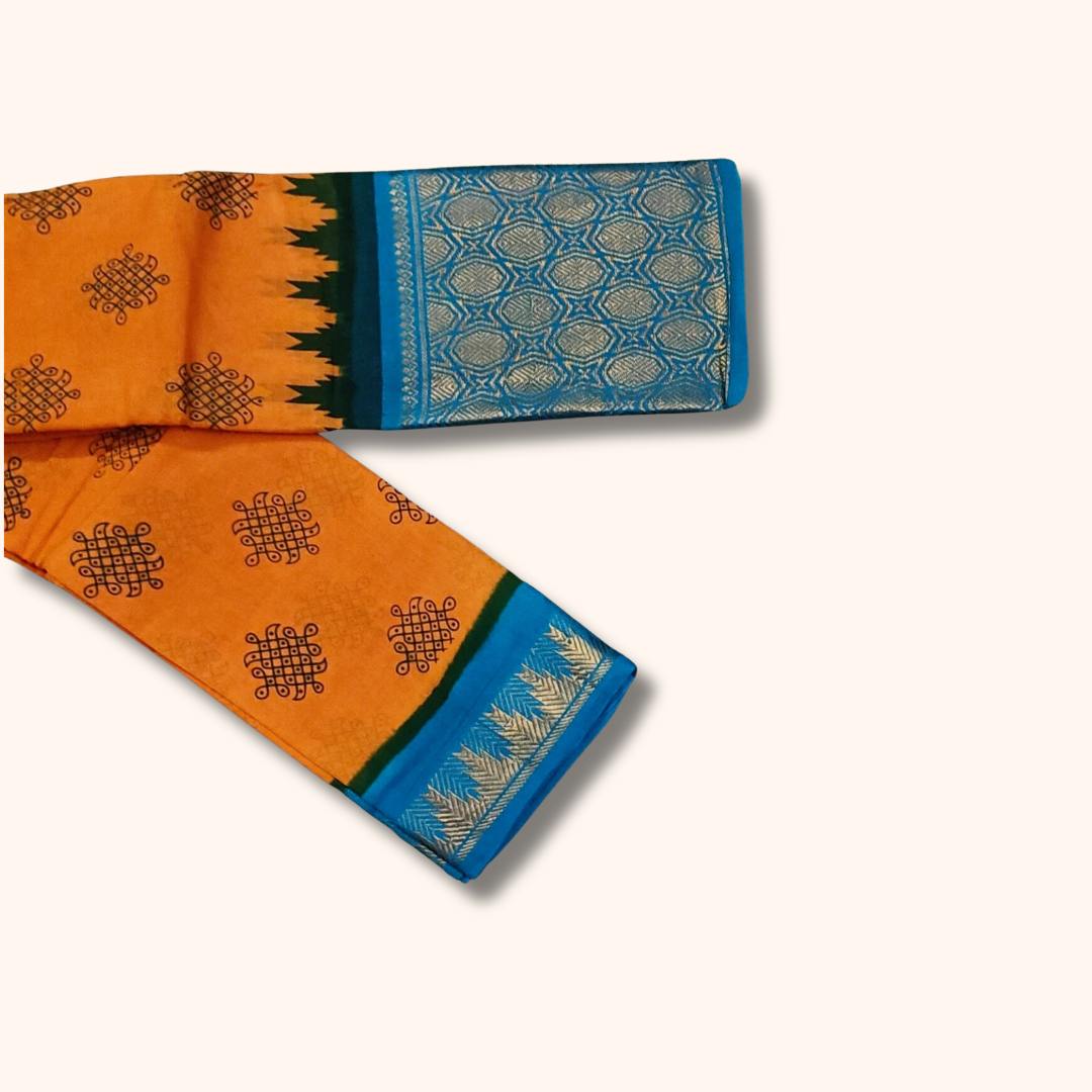 Orange Kolam Print Cotton Saree with Sky Blue Zari Border