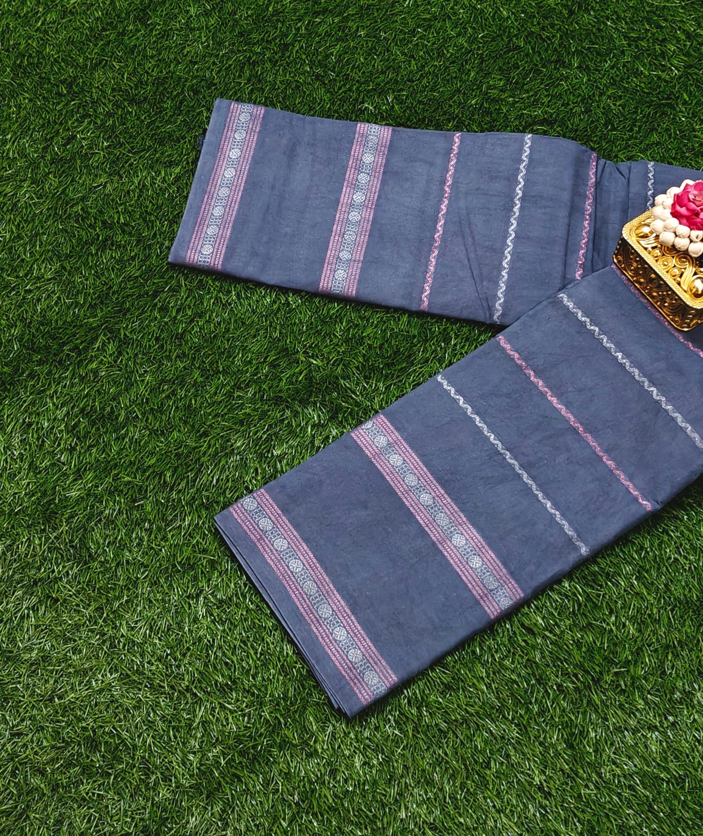 Slate Grey Sungudi Cotton Saree with Zari Stripe Design