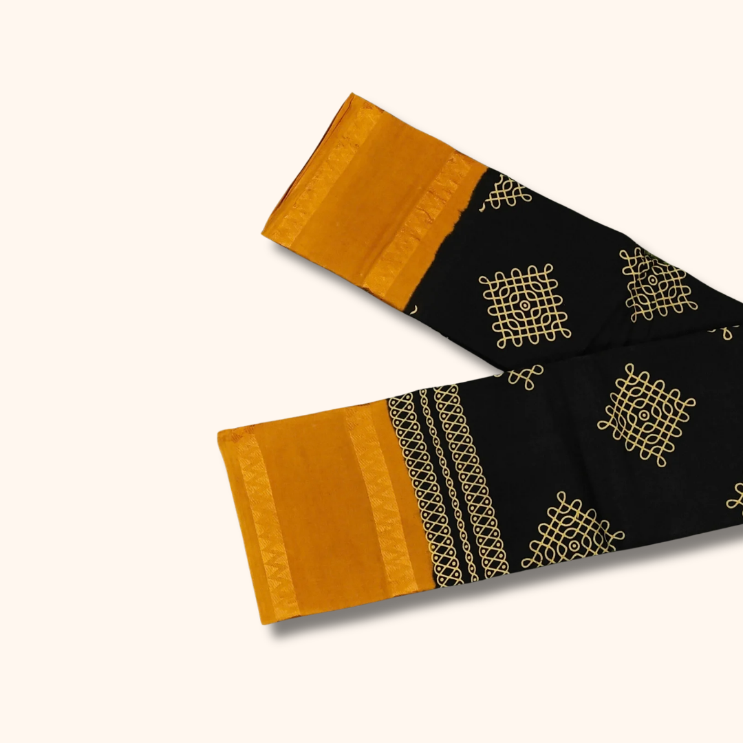 Black & Mustard Yellow Kolam Cotton Saree with Running Blouse