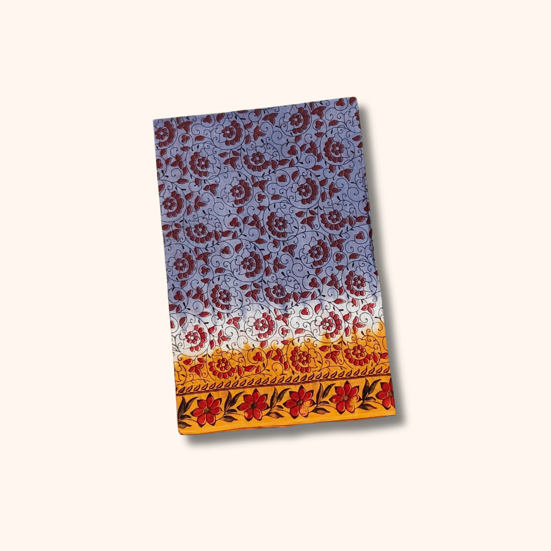Light Blue & Mustard Yellow Floral Printed Cotton Saree