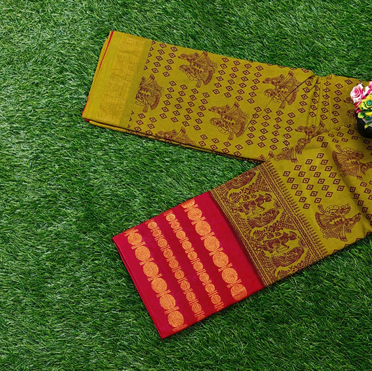 Olive Green Sungudi Cotton Saree with Maroon Traditional Border