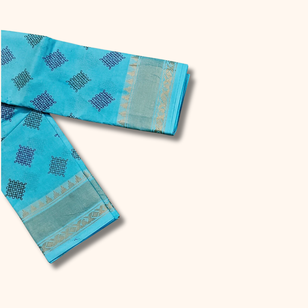 Turquoise Blue Kolam Design Sungudi Cotton Saree with Zari Border