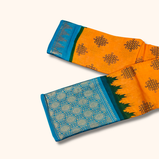 Orange Kolam Print Cotton Saree with Sky Blue Zari Border