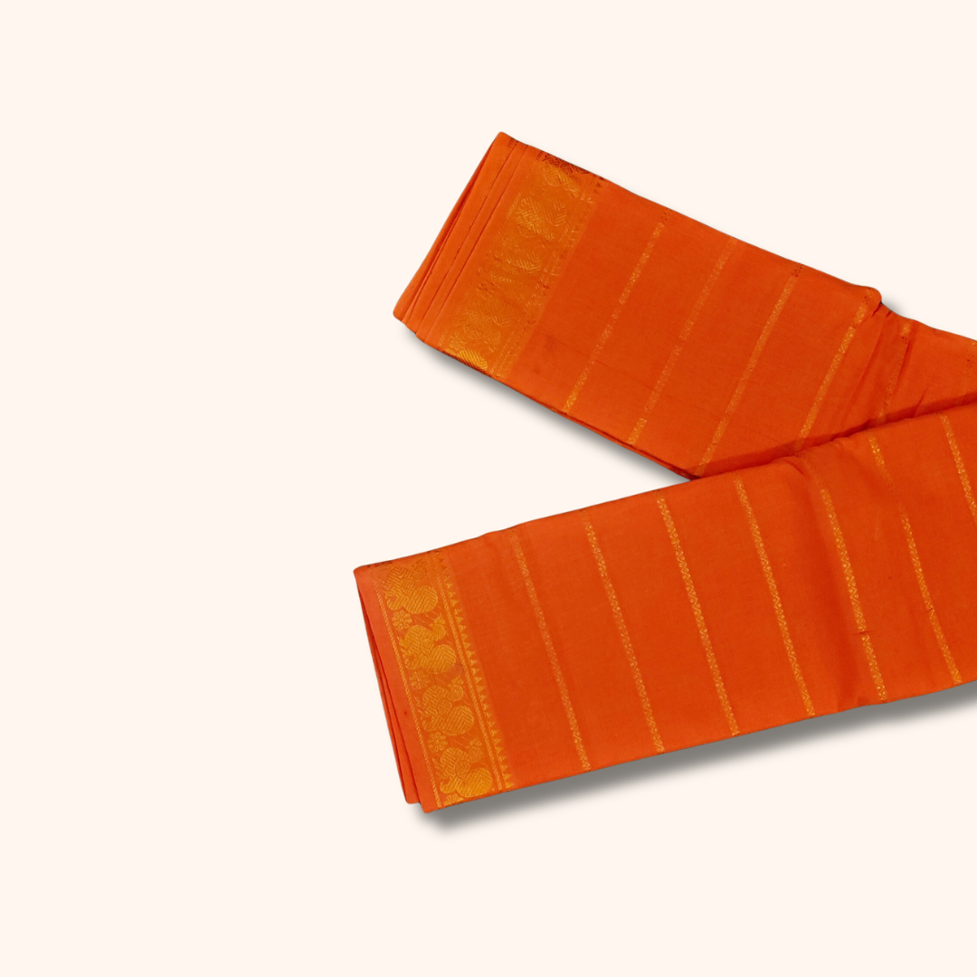 Orange Cotton Saree with Gold Stripe Design – Running Blouse