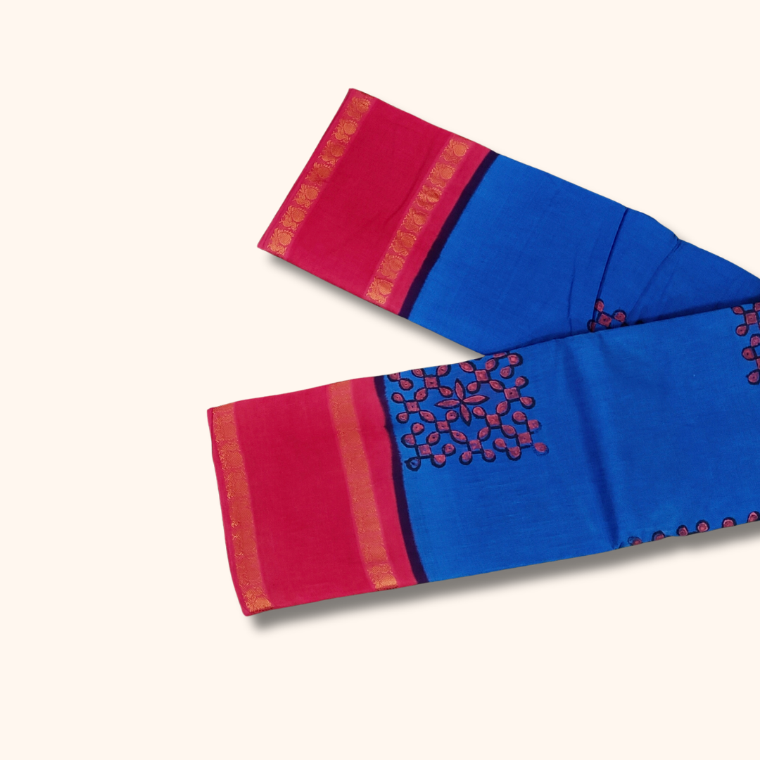 Blue Cotton Saree with Pink Border – Running Blouse