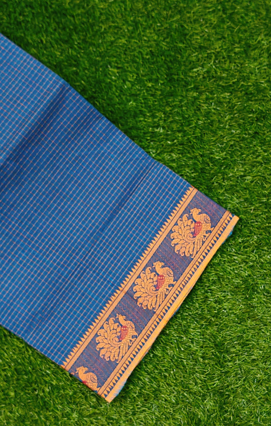 Deep Blue Chettinad Cotton Saree with Classic Temple Border