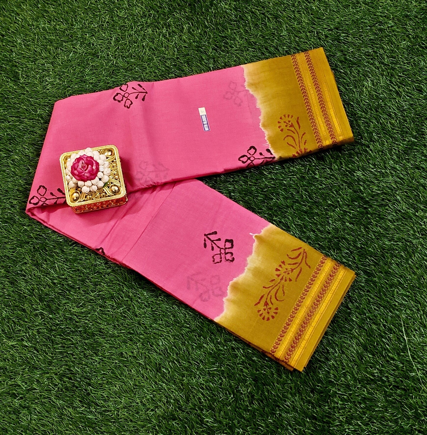 Bright Pink Sungudi Cotton Saree with Mustard Zari Border & Running Blouse