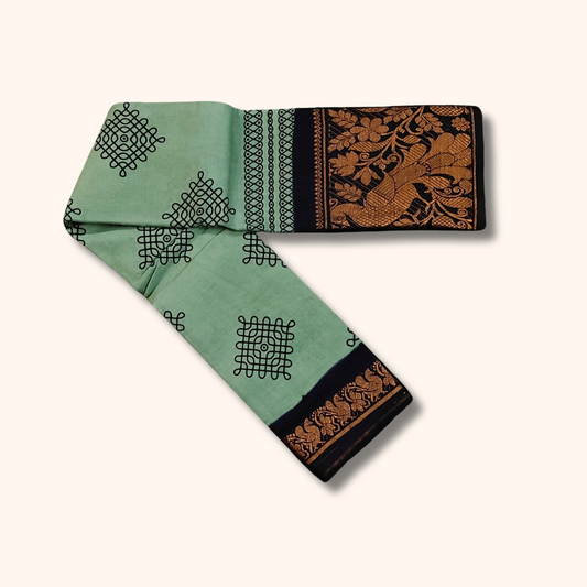 Mint Green Kolam Sungudi Cotton Saree with Peacock Border