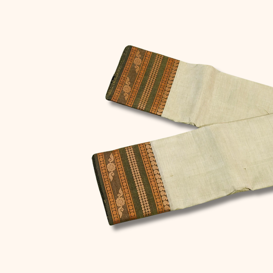 Off White Chettinad Cotton Saree with Olive Green Traditional Border