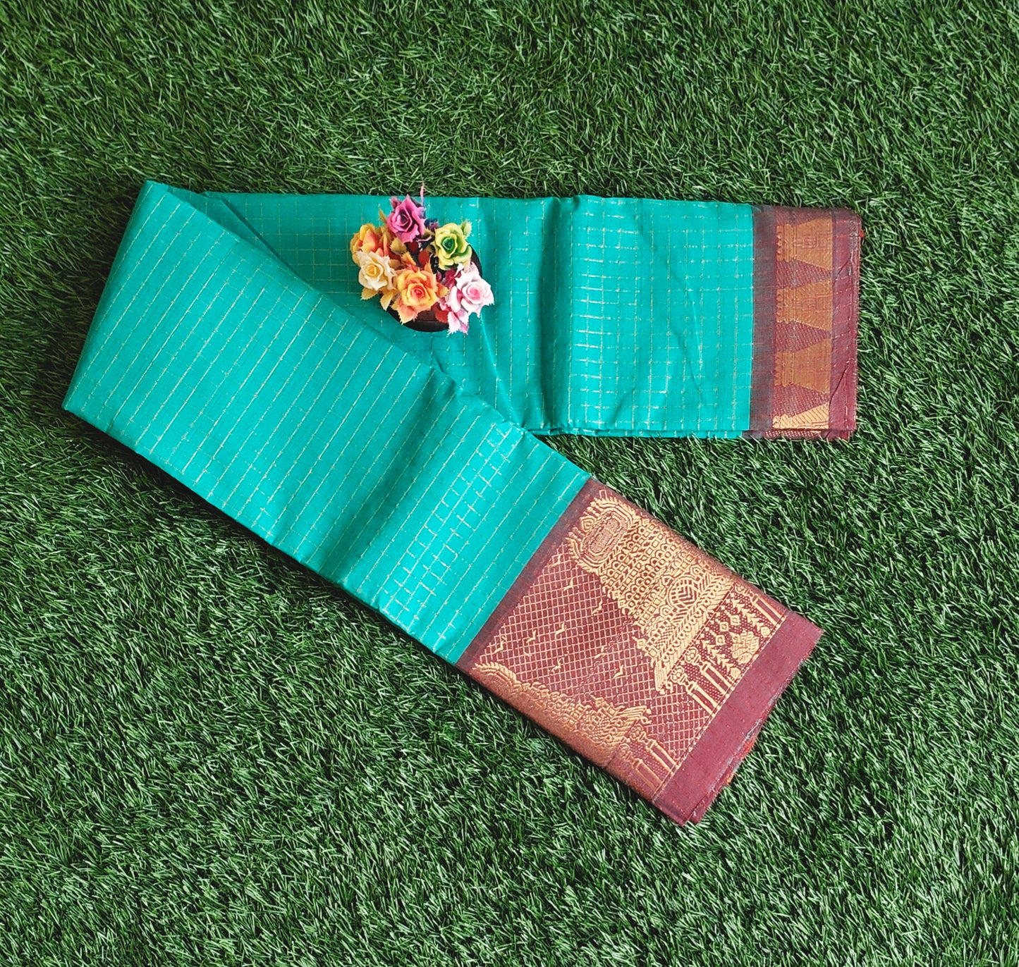 Chettinad Cotton Saree with Meenakshi Gopuram Border – Peacock Green Checks