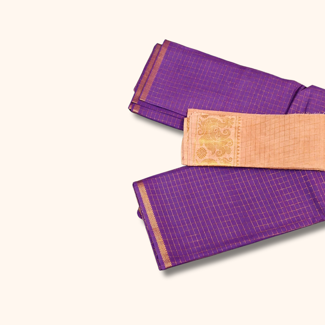Purple Checked Sungudi Cotton Saree with Beige Peacock Zari Border