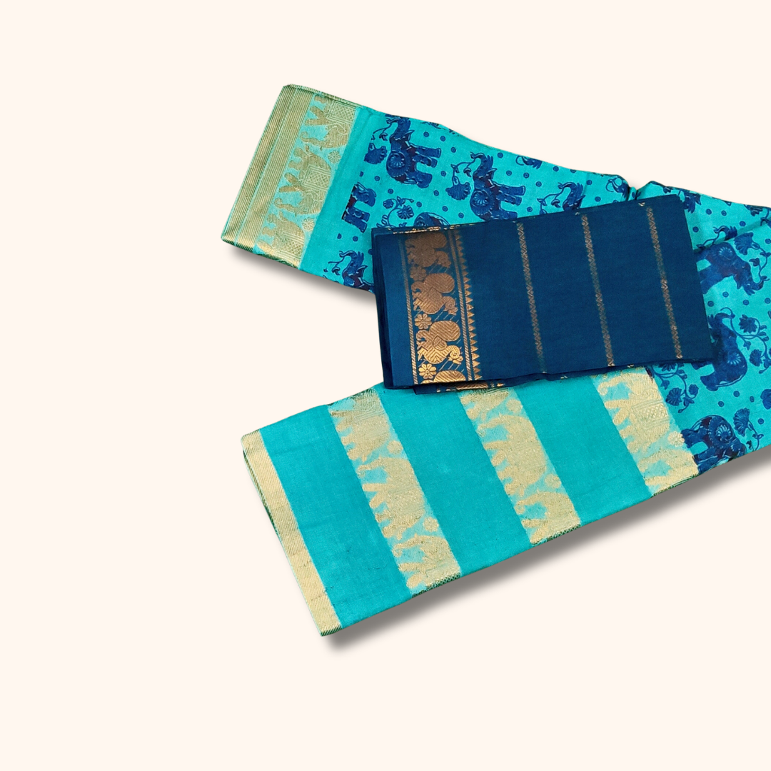 Turquoise Blue Printed Sungudi Cotton Saree with Gold Zari Elephant Border 120s Count