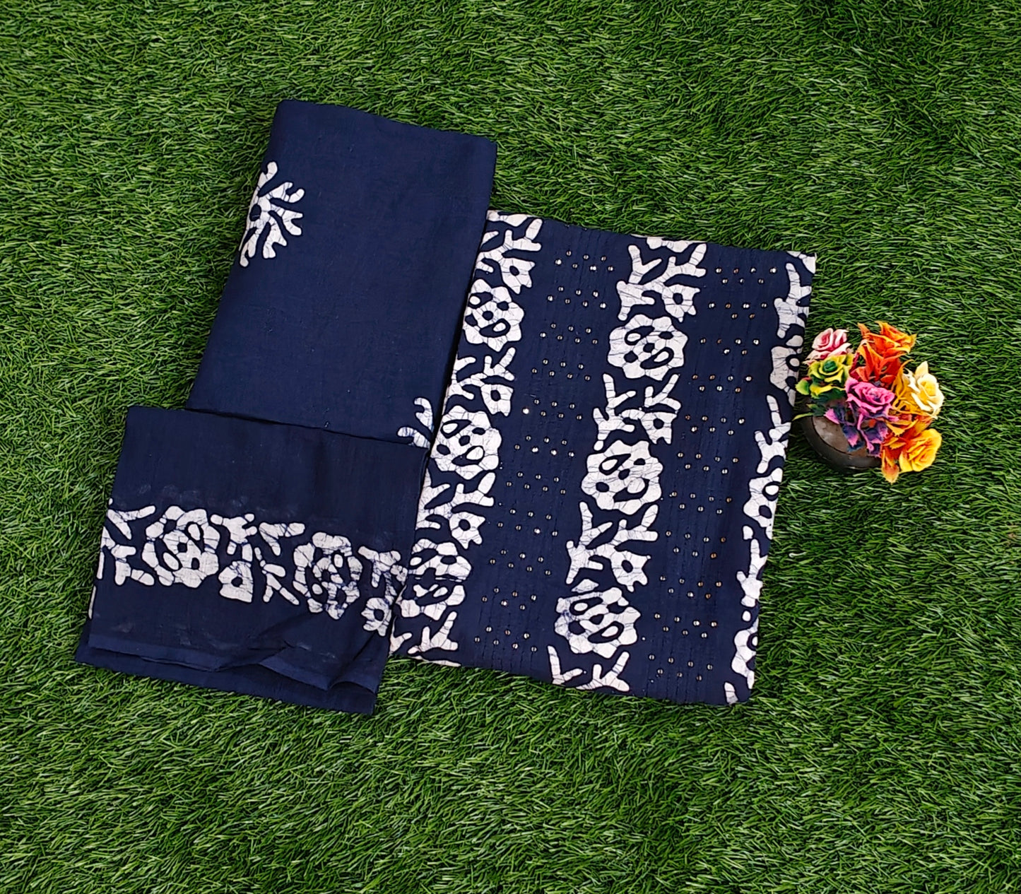 Blue Sungudi Cotton Chudidar Material Set with Floral Batik Prints