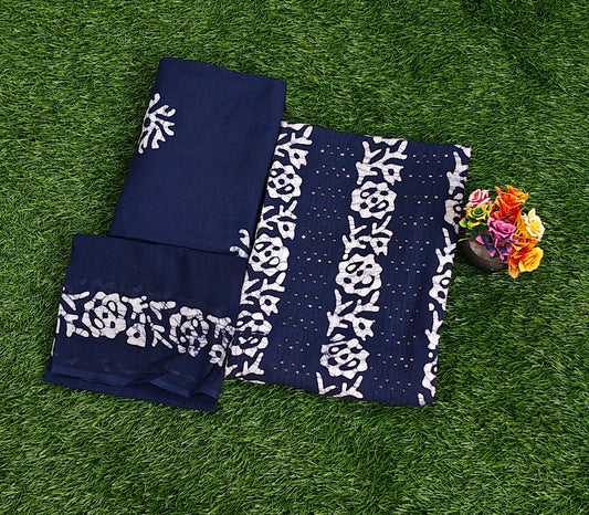 Blue Sungudi Cotton Chudidar Material Set with Floral Batik Prints