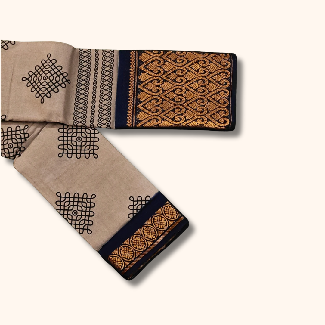 Grey Kolam Sungudi Cotton Saree with Traditional Woven Border