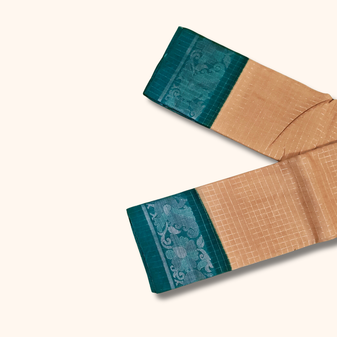Beige Chettinad Cotton Saree with Teal Green Contrast Border