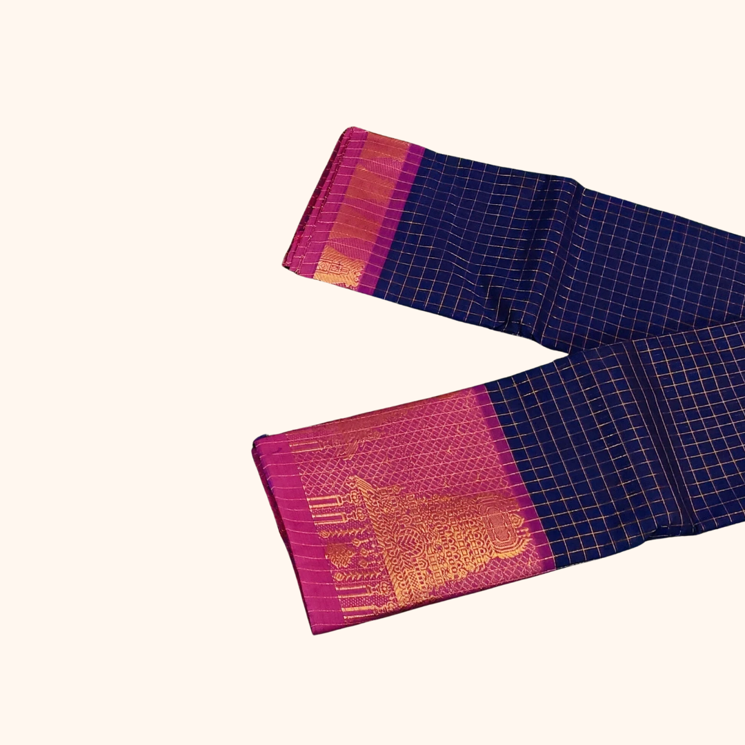 Navy Blue Chettinad Cotton Saree with Gopuram Border