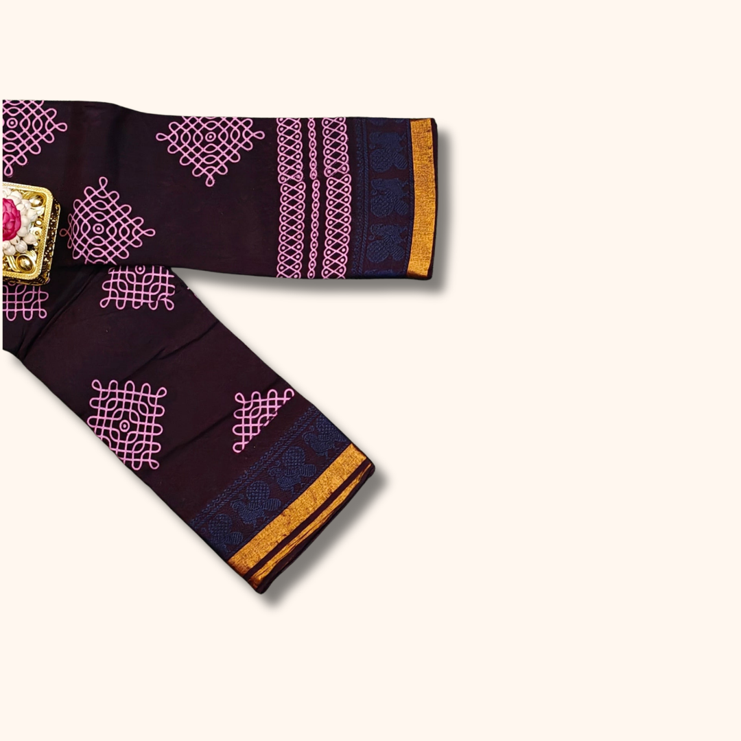 Deep Plum Sungudi Cotton Saree with Pink Kolam Motifs & Dual Tone Zari Border