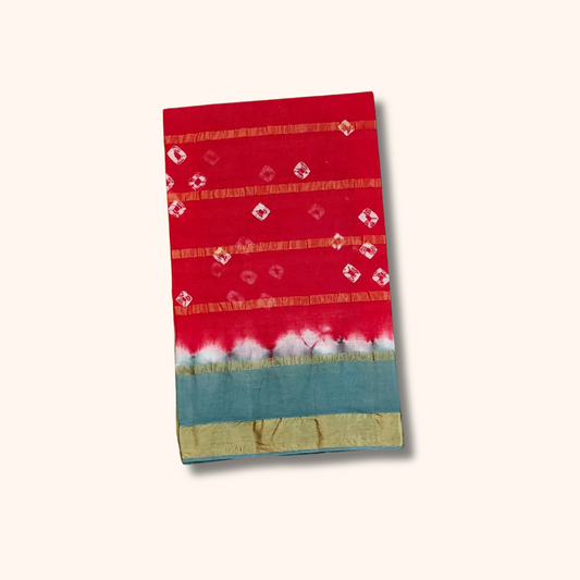 Red & Blue Tie-Dye Cotton Saree with Gold Border – Separate Blouse