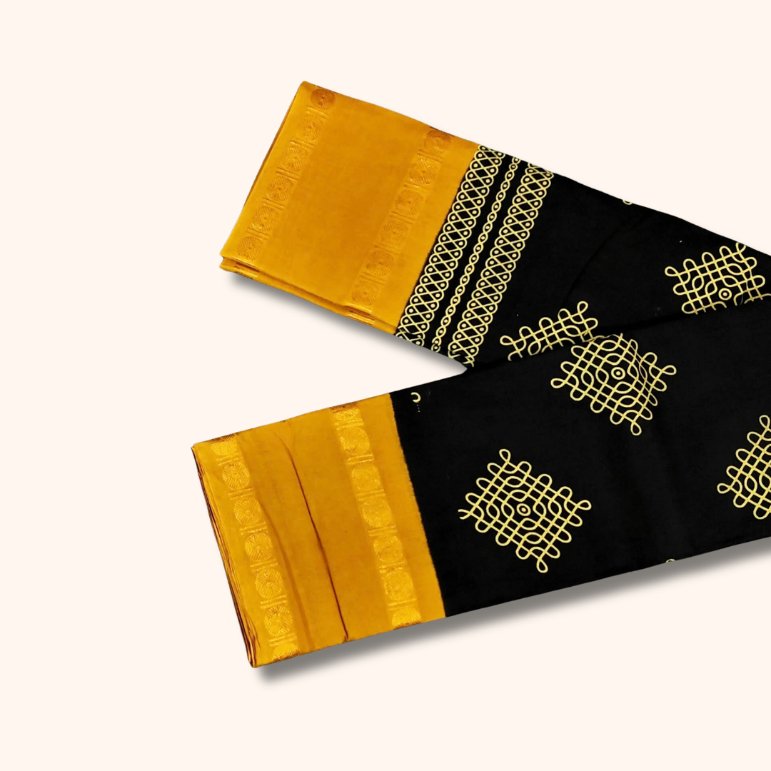 Black Kolam Cotton Saree with Mustard Yellow Border – Running Blouse