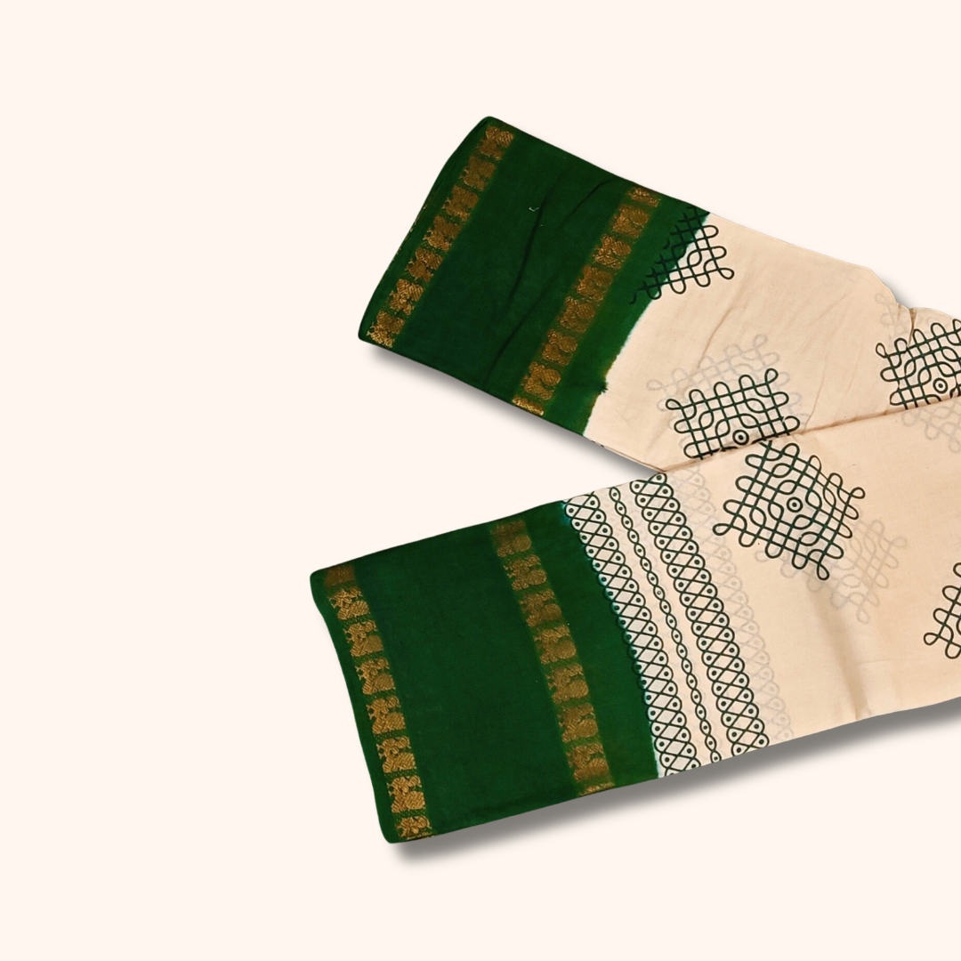 Cream Sungudi Cotton Saree with Green Border & Gold Zari