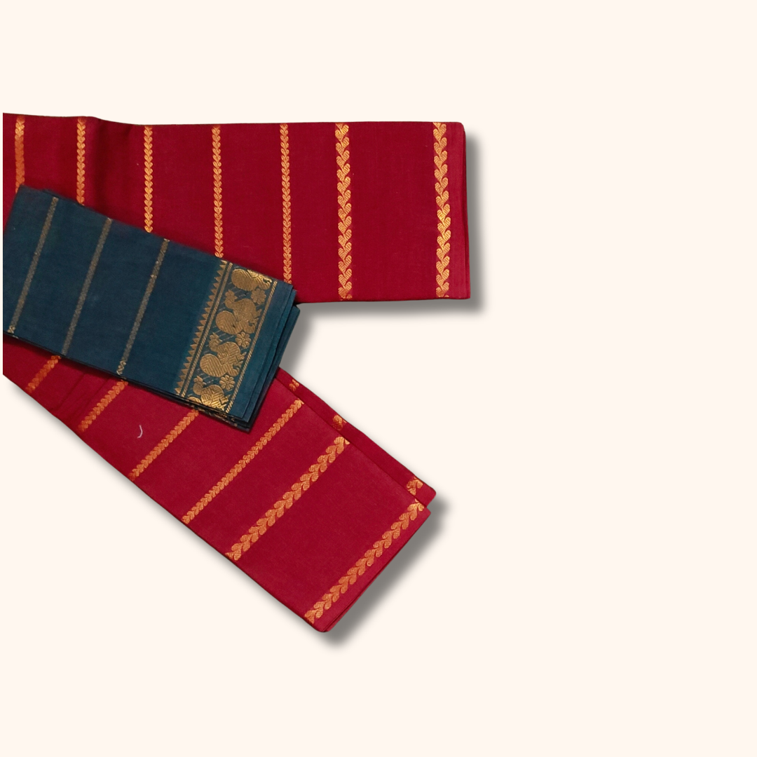 Elegant Maroon Cotton Saree with Teal Blue Contrast Blouse